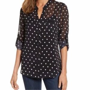 Kut from the Kloth Black Polka Dot Sheer Button-Down